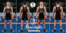A four-panel SINGLET showing a male model wearing a custom wrestling singlet from the front and back on a wrestling mat. The singlet is black with orange trim and a tiger graphic on the chest.