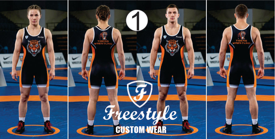 A four-panel SINGLET showing a male model wearing a custom wrestling singlet from the front and back on a wrestling mat. The singlet is black with orange trim and a tiger graphic on the chest.