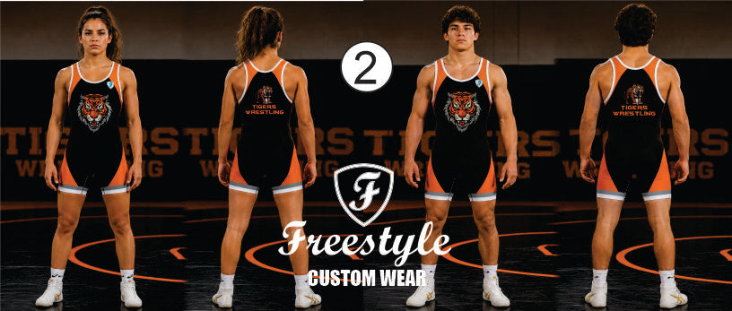 Four views of a wrestling singlet on models, showing the front and back with a tiger graphic on the chest. The singlet is black with orange and white trim, with the text 'Freestyle CUSTOM WEAR' and a logo in the center.