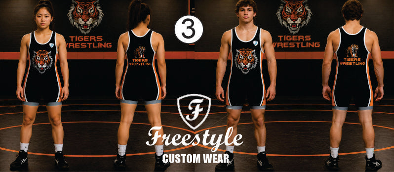 Five views of a model wearing a black wrestling singlet with a tiger graphic, shown from the front, back, and side on a wrestling mat with a 'Tigers Wrestling' backdrop. The image features the 'Freestyle Custom Wear' logo at the bottom.