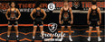 Four views of a wrestling uniform worn by a model on a wrestling mat, featuring a black tank top and matching shorts with a tiger graphic. The background shows a banner for Tiger Wrestling.